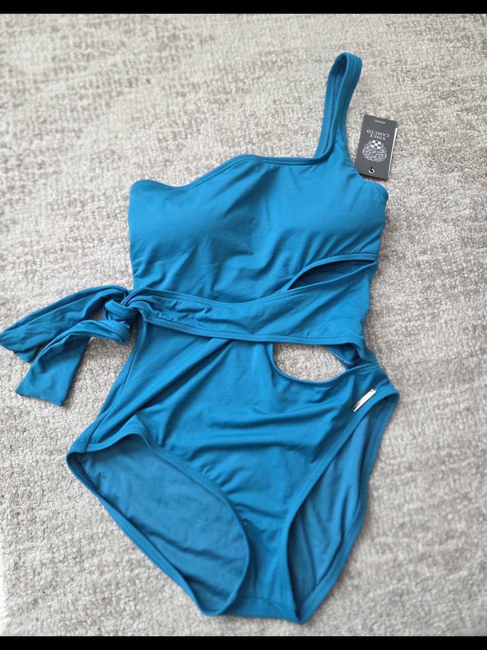 One-Shoulder Cutout Teal Swimsuit with Waist Tie